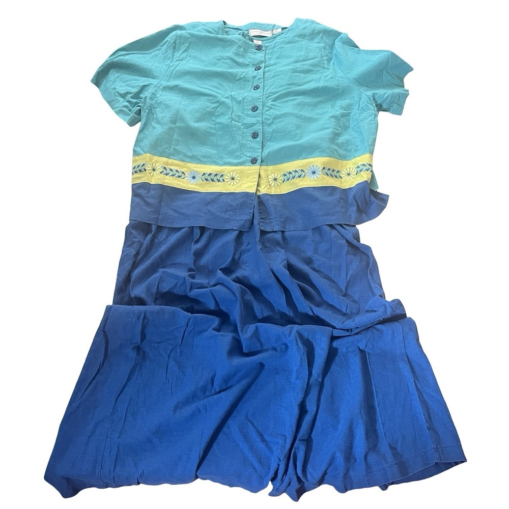 VTG Anna Maxwell Women's Size 26W Linen Blend Blue Stripe Floral Dress Overshirt